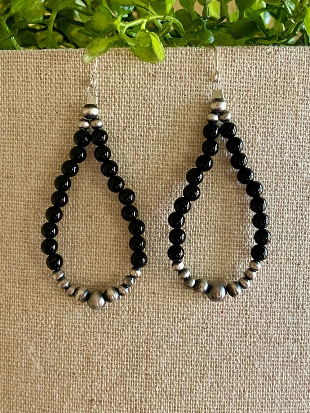 E11 Black onyx & sterling silver Navajo desert pearls dangle earrings